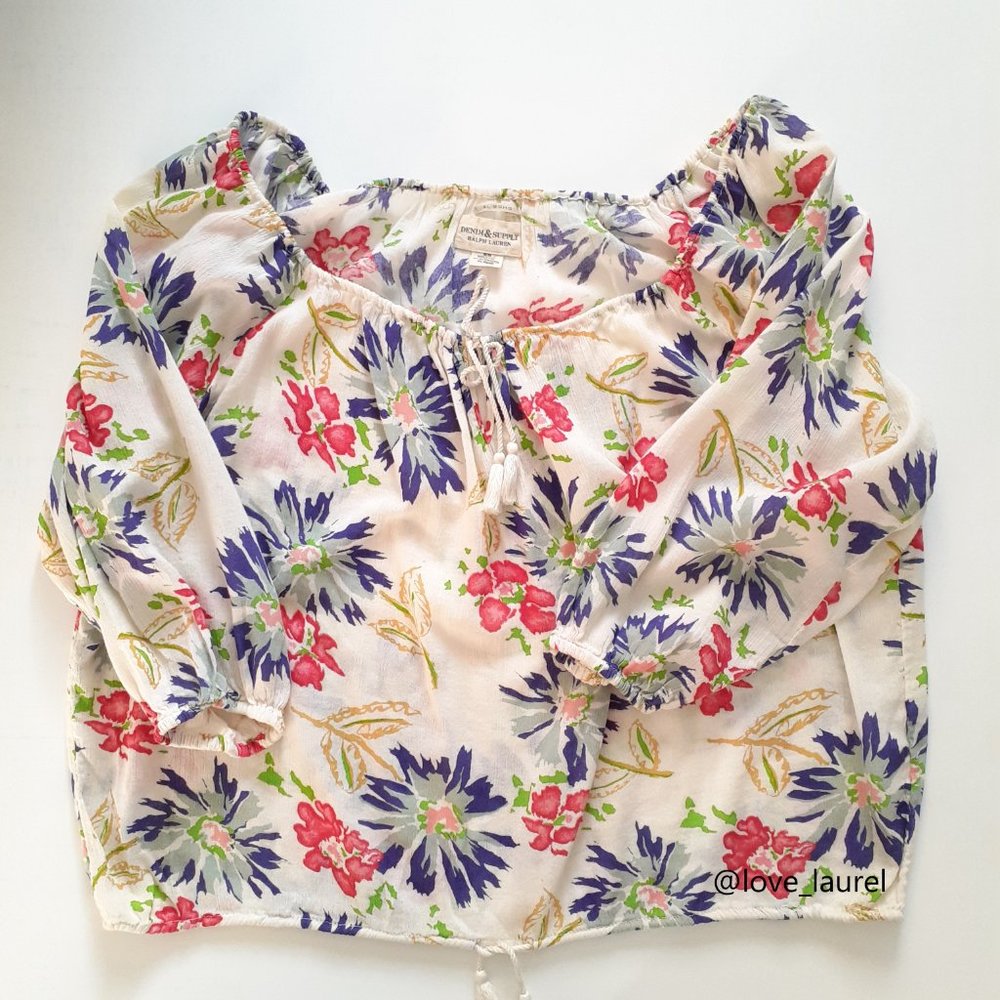 Denim & Supply Ralph Lauren Floral Boho Peasant Top Cream Multi-Colored Size M - Picture 7 of 11